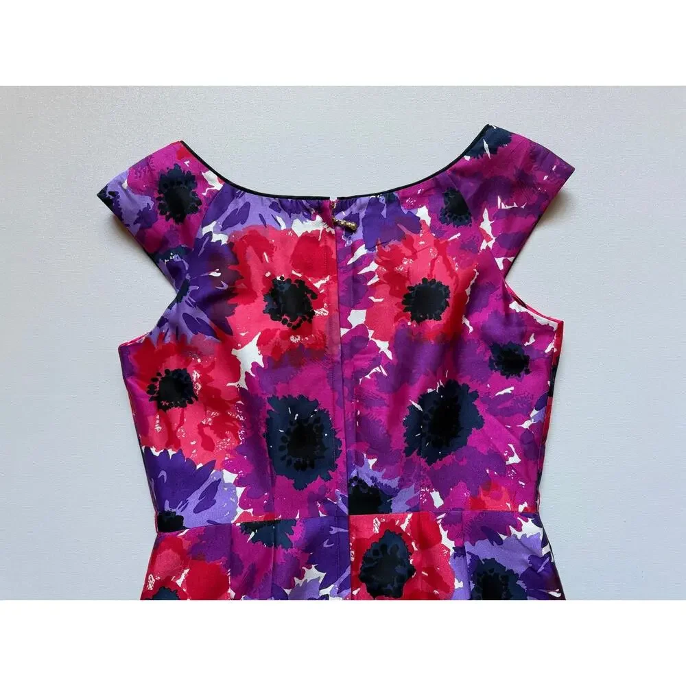 Kate Spade Women's Pink Purple Floral Print Cotton Silk Cap Sleeve Dress Size 2